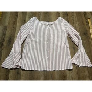 No Comment NY LA Blouse Womens Medium Pink Striped Bell Sleeve Casual Excellent